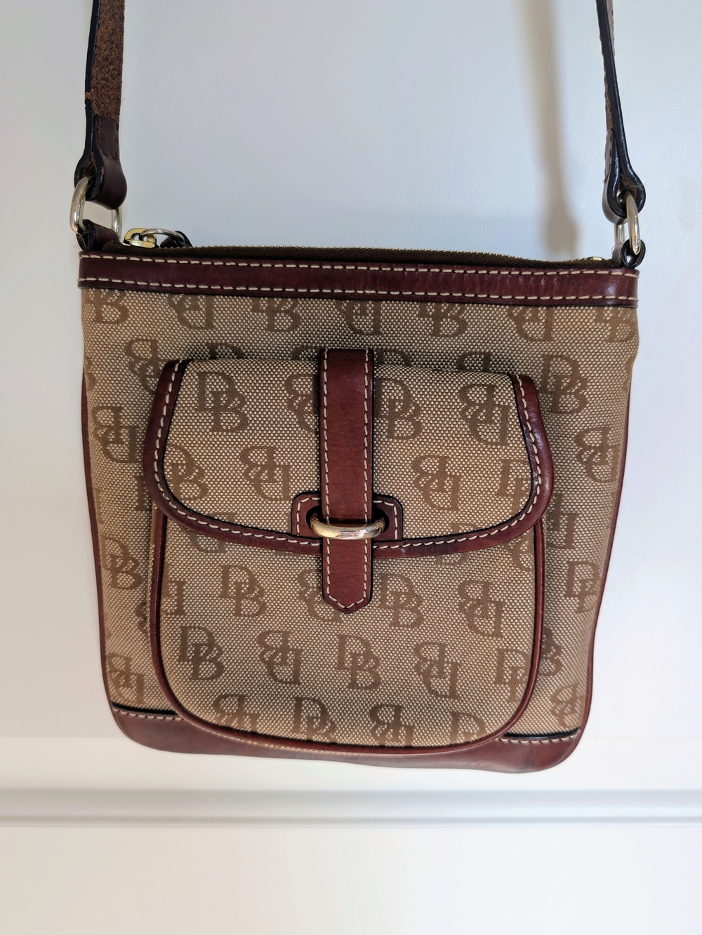 Vintage Dooney & Bourke Letter Carrier Monogram Brown Leather Strap Crossbody
